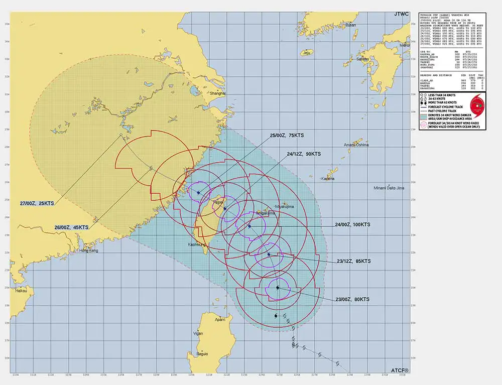 합동태풍경보센터에서 예측한 2024년 3호 태풍 개미 경로