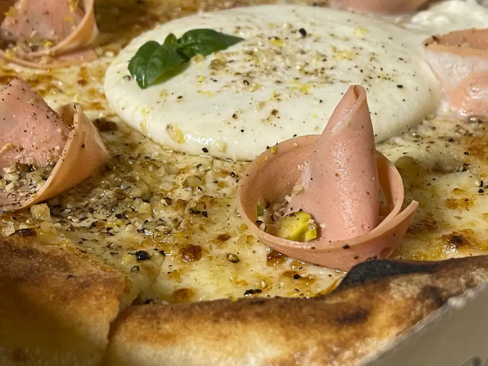 Jacob’s Pizzeria Mortadella Burrata Pizza detail